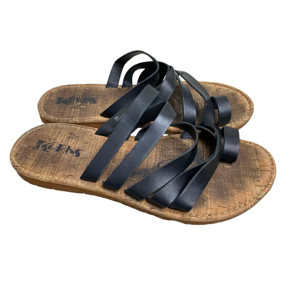 Korks Women's Size 9 Black Strappy Toe Ring Slip On Kork Footbed Sandals *